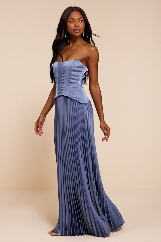 Makani Slate Blue Satin Bustier Maxi Dress