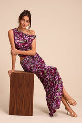 Veya Purple Multi Floral Mesh Asymmetrical Maxi Dress