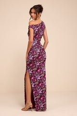 Veya Purple Multi Floral Mesh Asymmetrical Maxi Dress