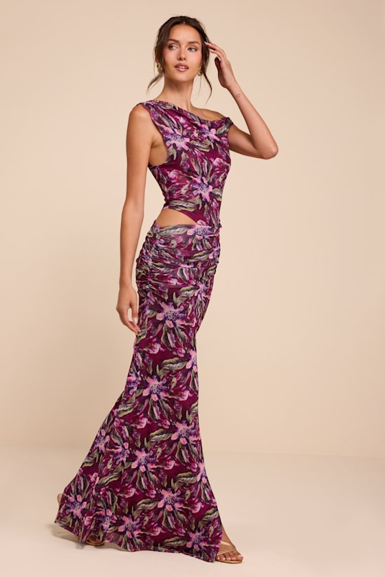 Veya Purple Multi Floral Mesh Asymmetrical Maxi Dress