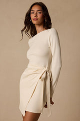 Winnie Cream Ribbed Knit Wrap Sweater Mini Dress