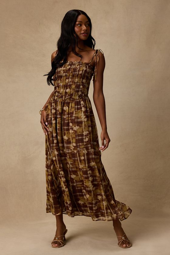 Rhodora Brown Multi Abstract Smocked Midi Dress