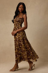 Rhodora Brown Multi Abstract Smocked Midi Dress