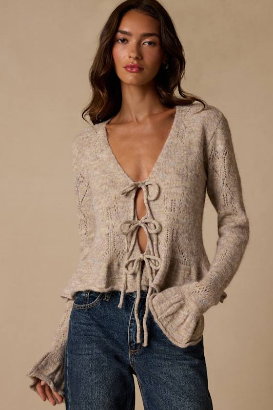 Phaedra Heather Taupe Tie-Front Cardigan