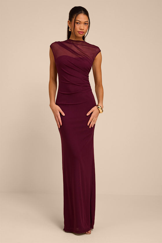 Avalee Burgundy Mesh Cap Sleeve Maxi Dress