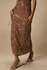 Avis Brown Sequin Beaded Midi Skirt