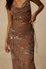 Avis Brown Sequin Beaded Midi Skirt
