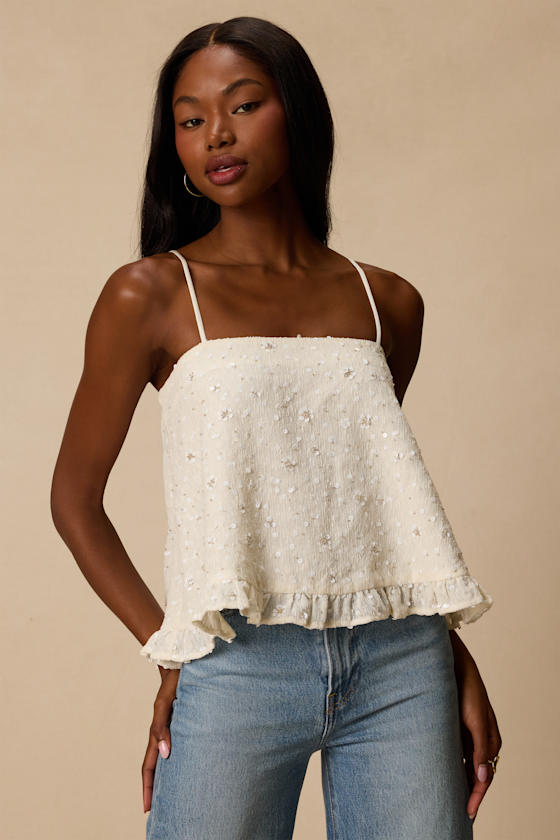 Junya Ivory Sequin Bow Cami Top