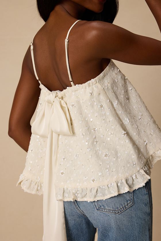 Junya Ivory Sequin Bow Cami Top