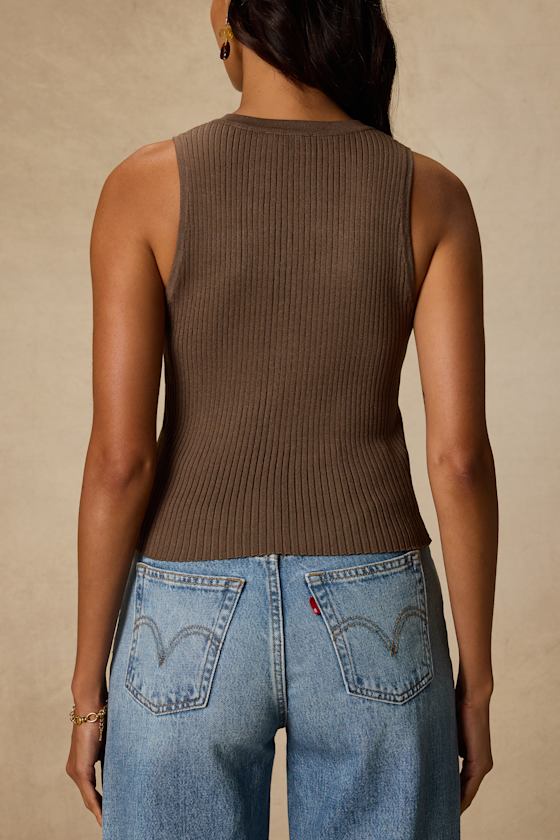 Conceptually Chic Brown Ribbed Knit Button-Front Tank Top