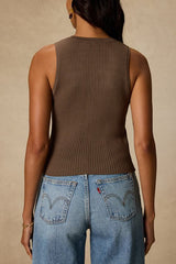 Conceptually Chic Brown Ribbed Knit Button-Front Tank Top