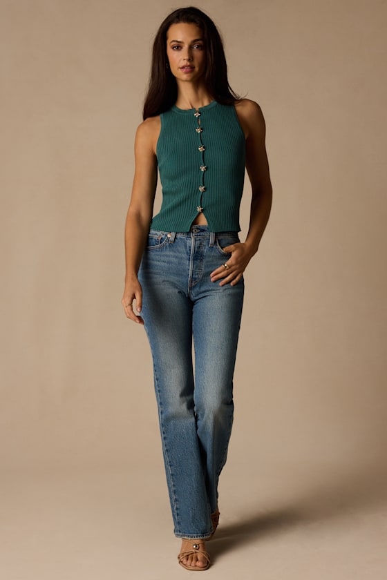Conceptually Chic Teal Ribbed Knit Button-Front Tank Top