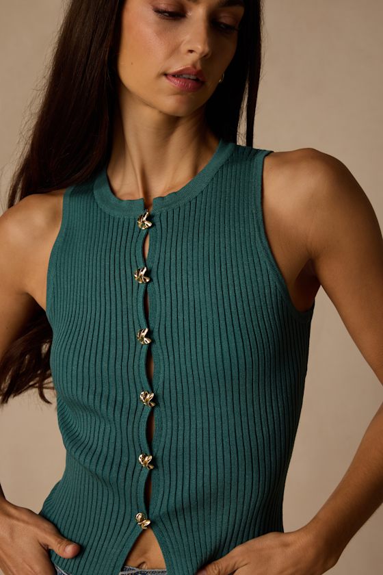 Conceptually Chic Teal Ribbed Knit Button-Front Tank Top