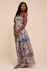 Kasandra Light Blue Multi Floral Organza Drop Waist Maxi Dress