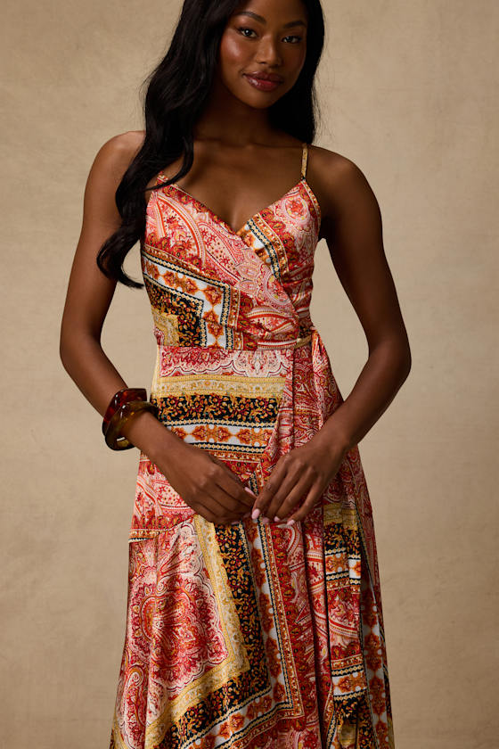 Cerina Red Multi Boho Print Satin Wrap Maxi Dress