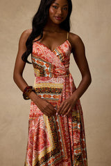 Cerina Red Multi Boho Print Satin Wrap Maxi Dress