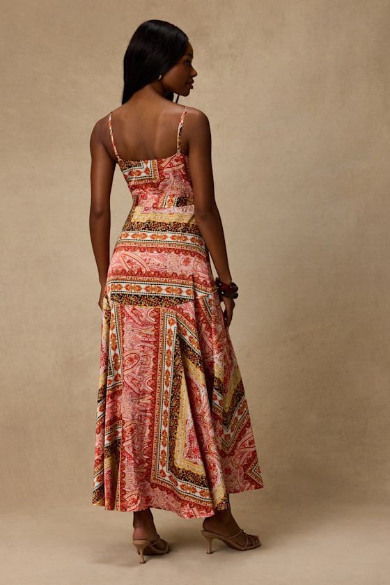 Cerina Red Multi Boho Print Satin Wrap Maxi Dress