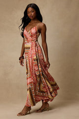 Cerina Red Multi Boho Print Satin Wrap Maxi Dress