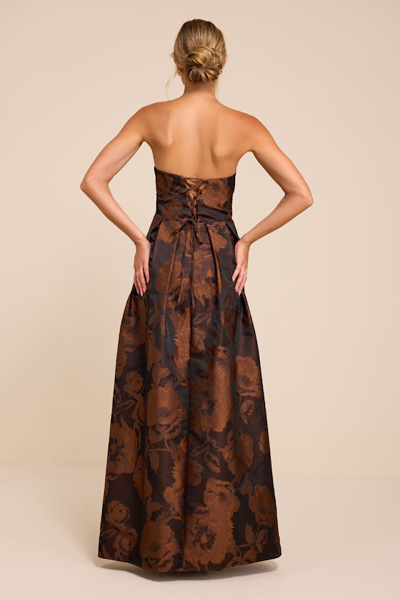 Laurelin Brown Floral Jacquard Pleated Strapless Maxi Dress