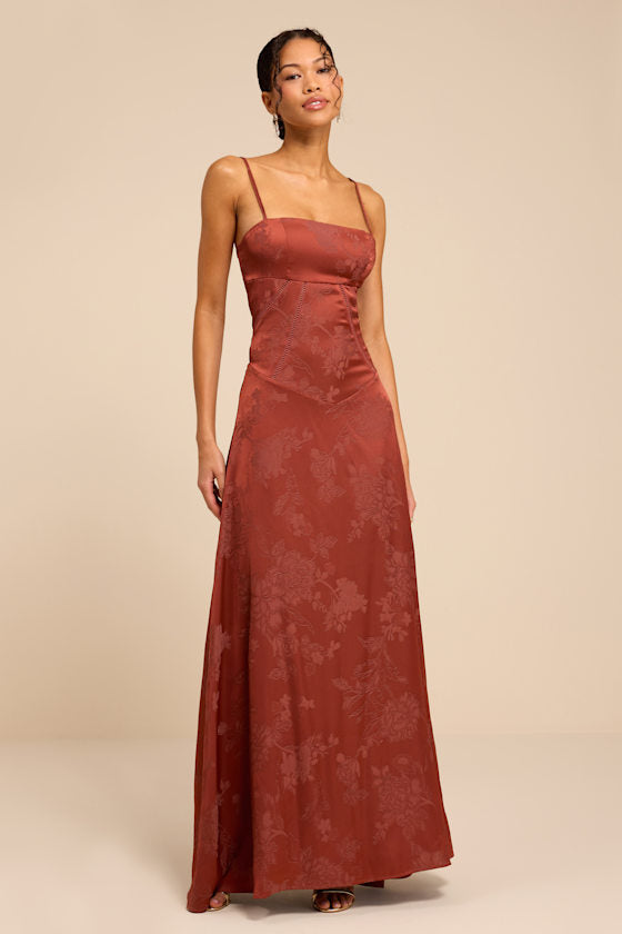 Elin Rust Floral Jacquard Lace-Up Maxi Dress