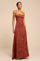 Elin Rust Floral Jacquard Lace-Up Maxi Dress
