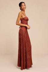 Elin Rust Floral Jacquard Lace-Up Maxi Dress