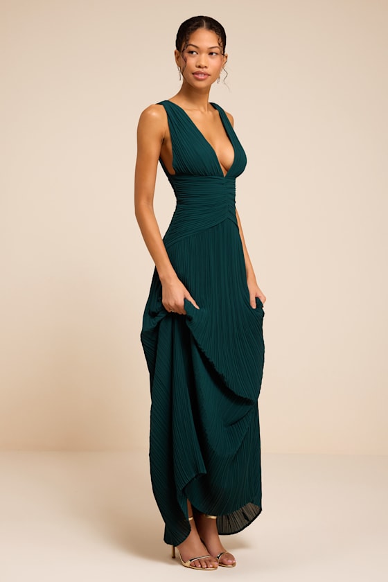 Kelina Emerald Green Pleated Drop Waist Maxi Dress