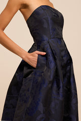 Laurelin Navy Floral Jacquard Pleated Strapless Maxi Dress