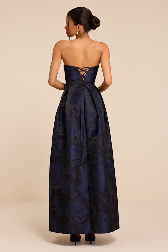 Laurelin Navy Floral Jacquard Pleated Strapless Maxi Dress