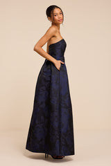 Laurelin Navy Floral Jacquard Pleated Strapless Maxi Dress