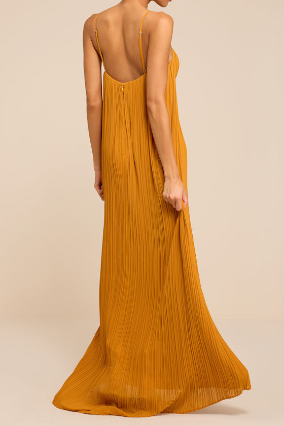 Avi Golden Yellow Pleated Sleeveless Maxi Dress