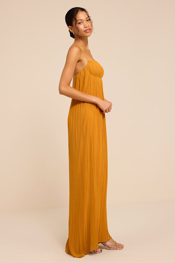 Avi Golden Yellow Pleated Sleeveless Maxi Dress