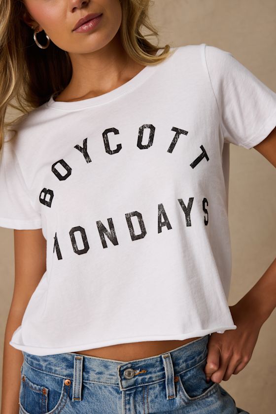 Boycott Mondays White Cropped Graphic Tee
