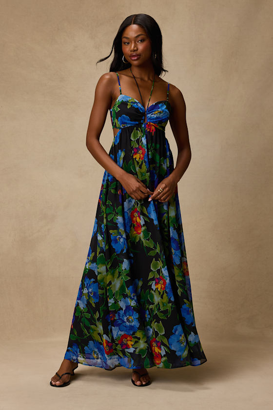 Jenny Black Floral Print Strappy Tie-Back Maxi Dress