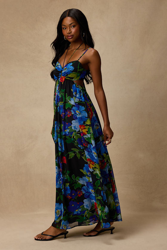 Jenny Black Floral Print Strappy Tie-Back Maxi Dress