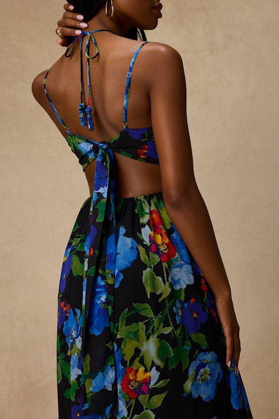 Jenny Black Floral Print Strappy Tie-Back Maxi Dress