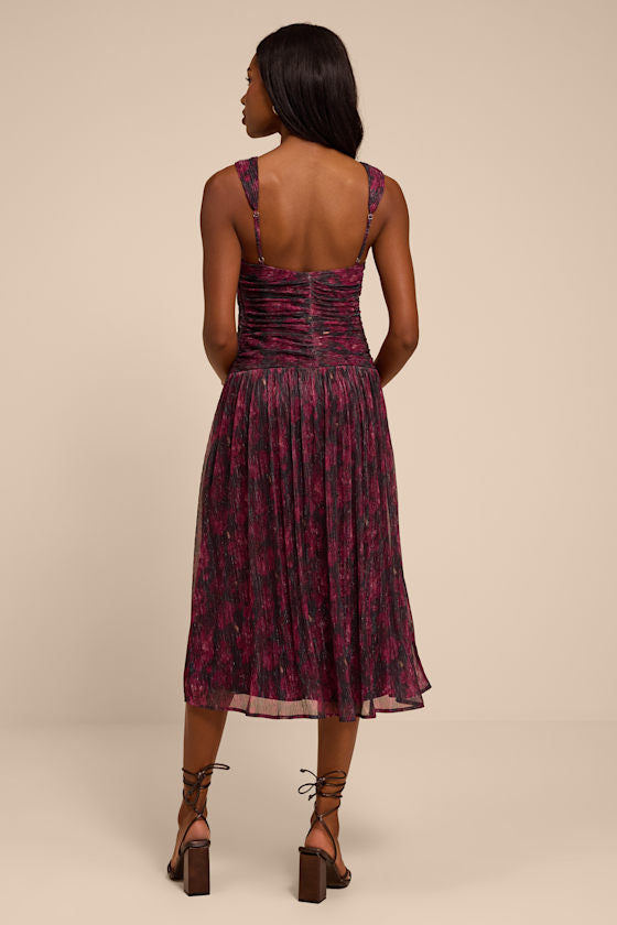 Evaluna Plum Abstract Print Lurex Pleated Midi Dress