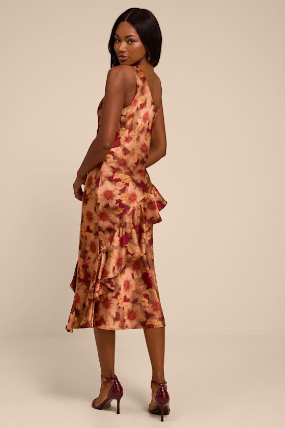 Roxanne Rust Multi Floral Satin Asymmetrical Midi Dress