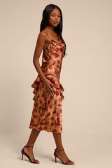 Roxanne Rust Multi Floral Satin Asymmetrical Midi Dress