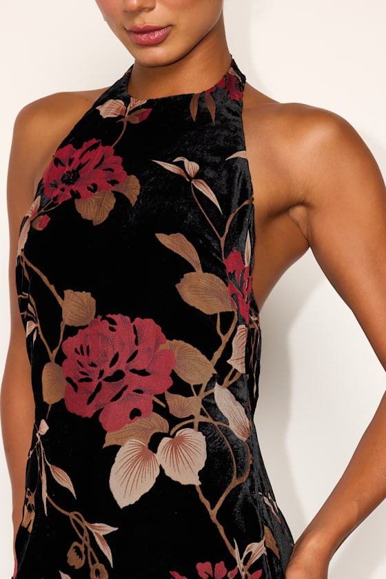 Delizah Black Floral Burnout Halter Mini Dress