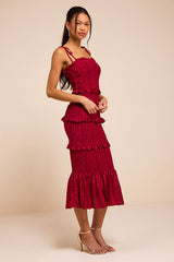 Aymana Berry Red Smocked Bodycon Midi Dress