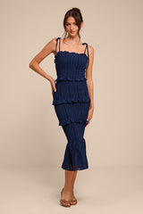 Aymana Navy Smocked Bodycon Midi Dress
