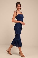 Aymana Navy Smocked Bodycon Midi Dress