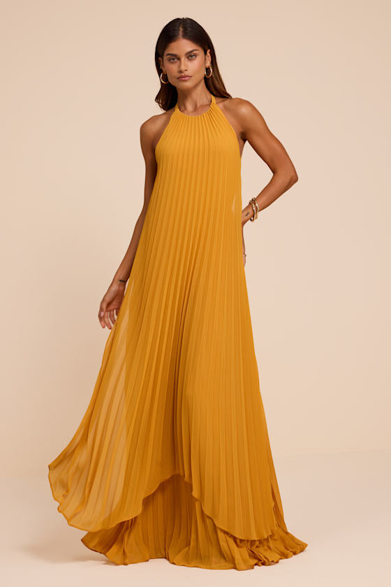 Dorala Golden Yellow Pleated Lace-Up Tiered Maxi Dress