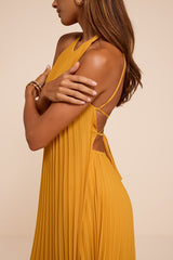 Dorala Golden Yellow Pleated Lace-Up Tiered Maxi Dress