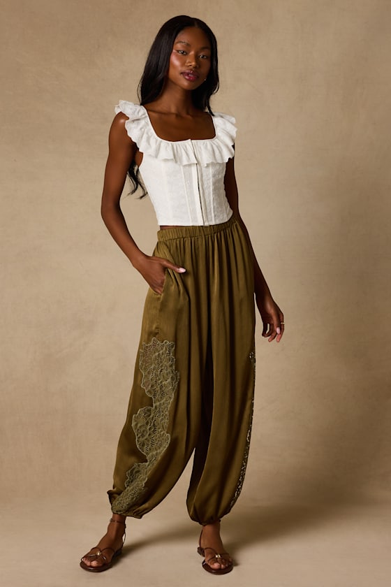 Evette Olive Green Lace High-Rise Jogger Pants