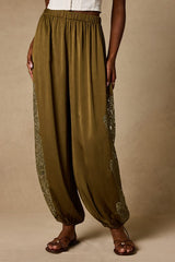 Evette Olive Green Lace High-Rise Jogger Pants