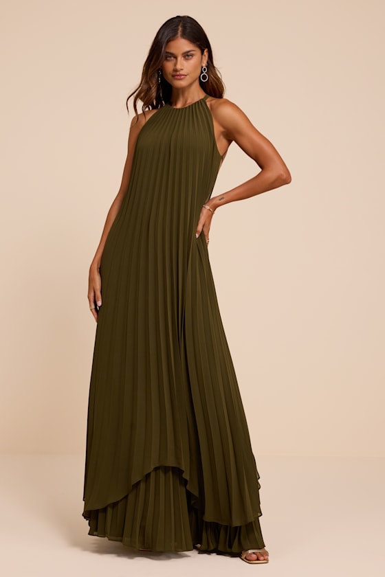 Dorala Olive Pleated Lace-Up Tiered Maxi Dress