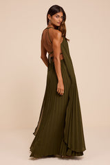 Dorala Olive Pleated Lace-Up Tiered Maxi Dress