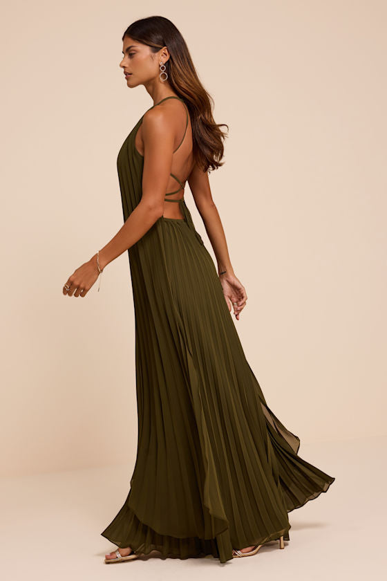 Dorala Olive Pleated Lace-Up Tiered Maxi Dress